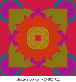 Circular seamless pattern of floral motif, flowers,stamens, hole, zigzag. Hand drawn.