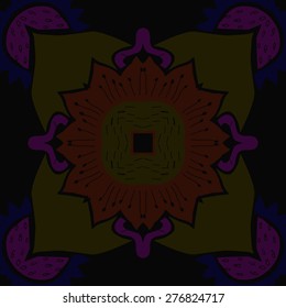 Circular seamless pattern of floral motif, flowers,stamens, hole, zigzag. Hand drawn.