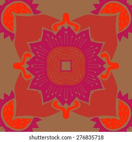 Circular seamless pattern of floral motif, flowers,stamens, hole, zigzag. Hand drawn.