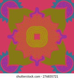Circular seamless pattern of floral motif, flowers,stamens, hole, zigzag. Hand drawn.