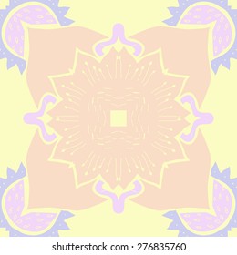 Circular seamless pattern of floral motif, flowers,stamens, hole, zigzag. Hand drawn.
