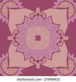 Circular seamless pattern of floral motif, flowers,stamens, hole, zigzag. Hand drawn.