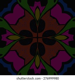 Circular seamless pattern of floral motif, doodles, stamens, scribbles, flower. Hand drawn.