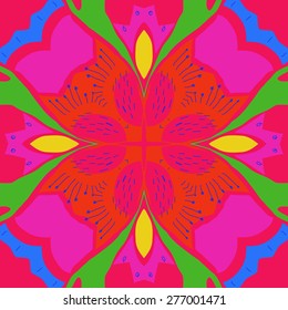 Circular seamless pattern of floral motif, doodles, stamens, scribbles, flower. Hand drawn.