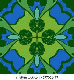 Circular seamless pattern of floral motif, doodles, stamens, scribbles, flower. Hand drawn.