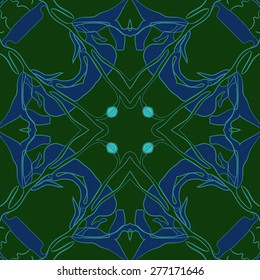 Circular seamless pattern of floral motif, stripes, leaves, branches. Hand drawn.