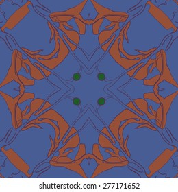 Circular seamless pattern of floral motif, stripes, leaves, branches. Hand drawn.