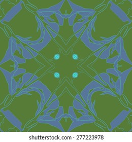 Circular seamless pattern of floral motif, stripes, leaves, branches. Hand drawn.