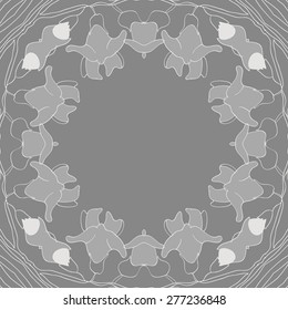 Circular seamless pattern of floral motif, buds, stripes, spots, flowers,garland, copy space. Hand drawn.