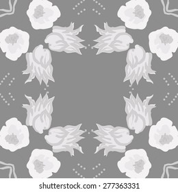 Circular seamless pattern of floral motif, ellipses, branches, flowers, stamens, copy space. Hand drawn.