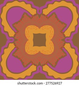 Circular seamless pattern of floral motif, doodles, stamens, waves. Hand drawn.