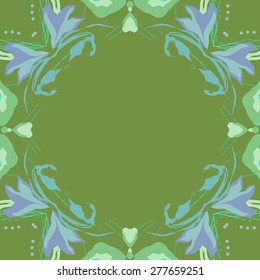 Circular seamless pattern of floral motif, flowers,leaves,branches,ellipses,copy space. Hand drawn.