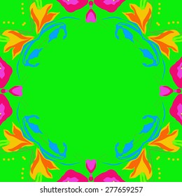 Circular seamless pattern of floral motif, flowers,leaves,branches,ellipses,copy space. Hand drawn.