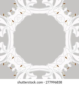 Circular  seamless pattern of floral motif, ellipses, frame, stamens, copy space. Hand drawn.