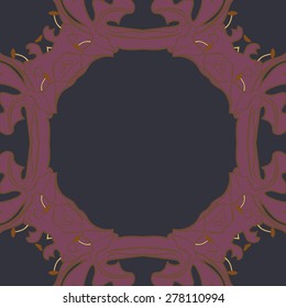 Circular  seamless pattern of floral motif, ellipses, frame, stamens, copy space. Hand drawn.