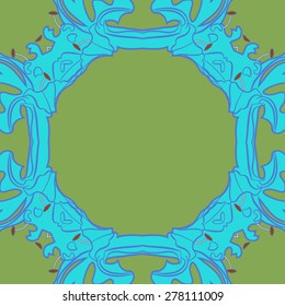 Circular  seamless pattern of floral motif, ellipses, frame, stamens, copy space. Hand drawn.