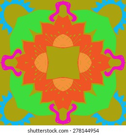 Circular  seamless pattern of floral motif, zigzag, stamens, hole, spots. Hand drawn.