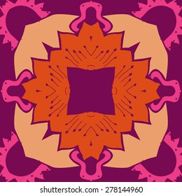 Circular  seamless pattern of floral motif, zigzag, stamens, hole, spots. Hand drawn.
