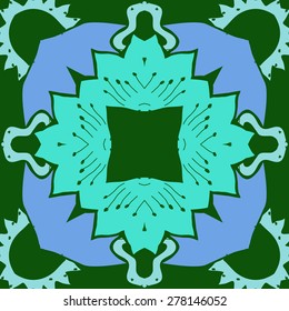 Circular  seamless pattern of floral motif, zigzag, stamens, hole, spots. Hand drawn.