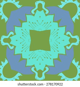 Circular  seamless pattern of floral motif, zigzag, stamens, hole, spots. Hand drawn.