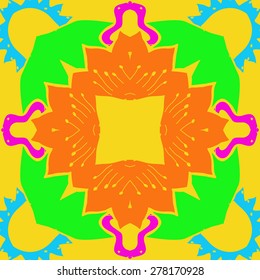 Circular  seamless pattern of floral motif, zigzag, stamens, hole, spots. Hand drawn.