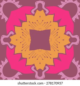 Circular  seamless pattern of floral motif, zigzag, stamens, hole, spots. Hand drawn.