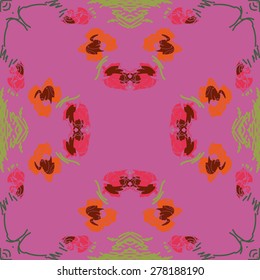Circular  seamless pattern of floral motif, stripes, spots, copy space. Hand drawn.