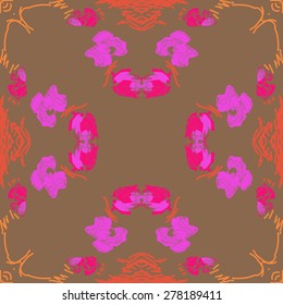 Circular  seamless pattern of floral motif, stripes, spots, copy space. Hand drawn.