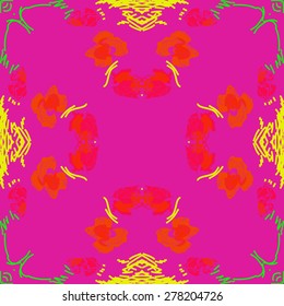 Circular  seamless pattern of floral motif, stripes, spots, copy space. Hand drawn.