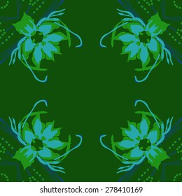 Circular  seamless pattern of floral motif, flowers, leaves, branches,ellipses copy space. Hand drawn.