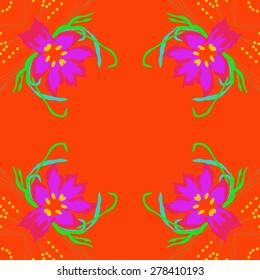 Circular  seamless pattern of floral motif, flowers, leaves, branches,ellipses copy space. Hand drawn.