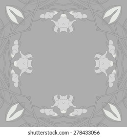 Circular  seamless pattern of floral motif, flowers, buds, branches,ellipses copy space. Hand drawn, delicate.