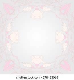 Circular  seamless pattern of floral motif, flowers, buds, branches,ellipses copy space. Hand drawn, delicate.