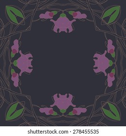 Circular  seamless pattern of floral motif, flowers, buds, branches,ellipses copy space. Hand drawn, delicate.
