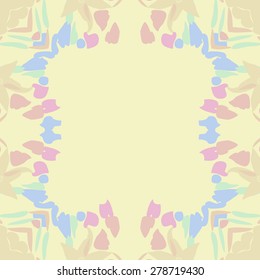 Circular  seamless pattern of  floral motif, leaves, frame, flowers, spots, copy space. Hand drawn.