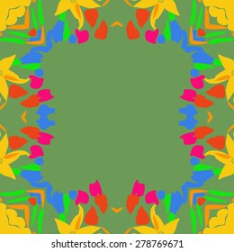 Circular  seamless pattern of  floral motif, leaves, frame, flowers, spots, copy space. Hand drawn.