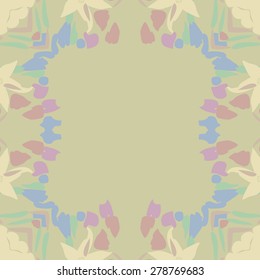 Circular  seamless pattern of  floral motif, leaves, frame, flowers, spots, copy space. Hand drawn.