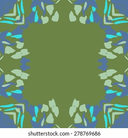 Circular  seamless pattern of  floral motif, leaves, frame, flowers, spots, copy space. Hand drawn.