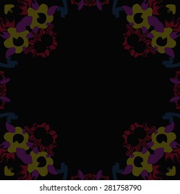 Circular  seamless pattern of  floral motif, spots,ellipses, hole, copy space. Hand drawn.