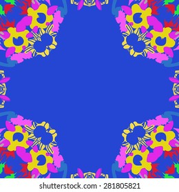 Circular  seamless pattern of  floral motif, spots,ellipses, hole, copy space. Hand drawn.