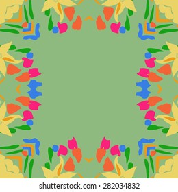 Circular  seamless pattern of  floral motif,  spots, leaves, copy space. Hand drawn.