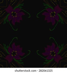 Circular  seamless pattern of  floral motif,  spots, leaves, branches, copy space. Hand drawn.