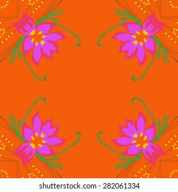 Circular  seamless pattern of  floral motif,  spots, leaves, branches, copy space. Hand drawn.