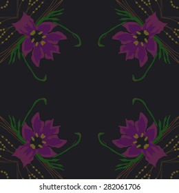 Circular  seamless pattern of  floral motif,  spots, leaves, branches, copy space. Hand drawn.
