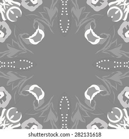 Circular  seamless pattern of  floral motif,  spots,  branches, leaves, copy space. Hand drawn.