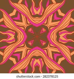Circular  seamless pattern of  floral motif,  stripes, hole, wave. Hand drawn.