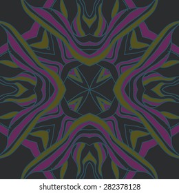 Circular  seamless pattern of  floral motif,  stripes, hole, wave. Hand drawn.