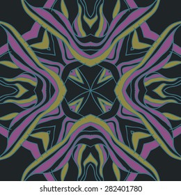 Circular  seamless pattern of  floral motif,  stripes, hole, wave. Hand drawn.