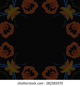 Circular  seamless pattern of  floral motif,  spots, stamens, leaves. Hand drawn.