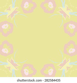 Circular  seamless pattern of  floral motif,  spots, stamens, leaves. Hand drawn.